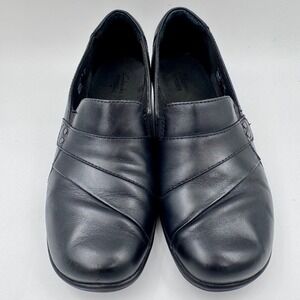 Clarks May Marigold Womens Ortho Black Leather Slip On Wedge Loafers Shoes 8.5M‎